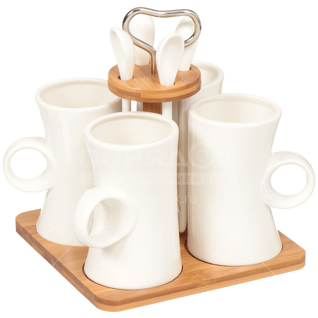 Набор кружек 280мл с ложками бамбук/подставка, 4шт